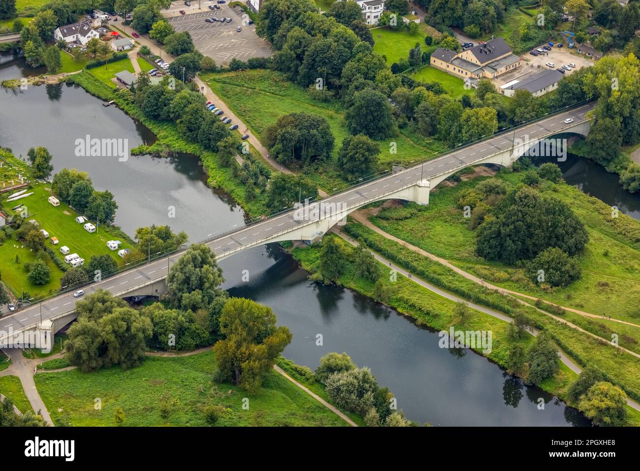 Aerial view, Ruhrbrücke Herbede over Ruhr river in Herbede district of Witten, Ruhr area, North Rhine-Westphalia, Germany, bridge, DE, Europe, aerial Stock Photo