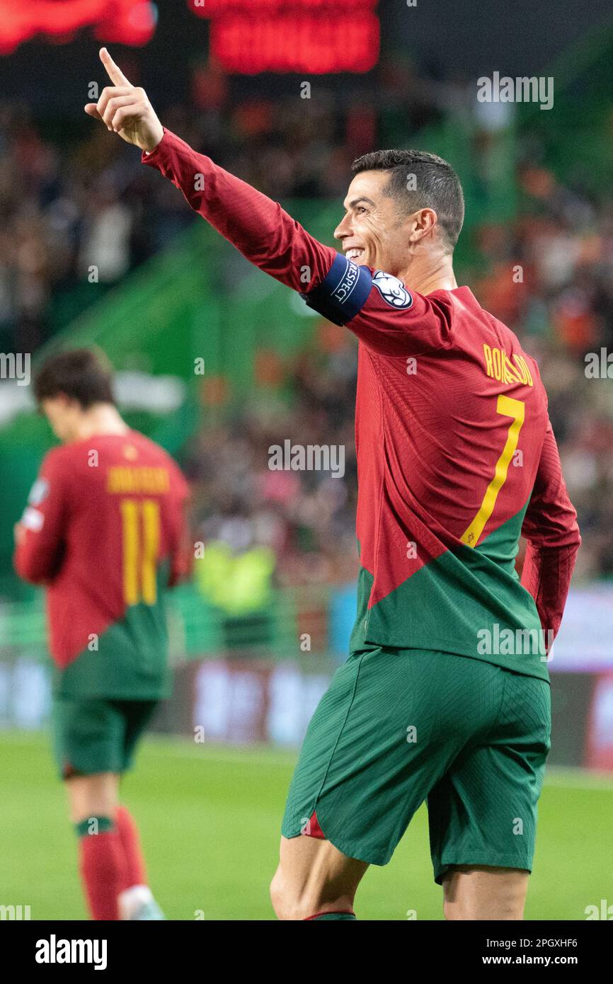 March 23, 2023. Lisbon, Portugal. Portugal's and Al Nassr forward Cristiano Ronaldo (7) celebrating after scoring a goal during the 1st Round of Group J for the Euro 2024 Qualifying Round, Portugal vs Liechtenstein Credit: Alexandre de Sousa/Alamy Live News Stock Photo
