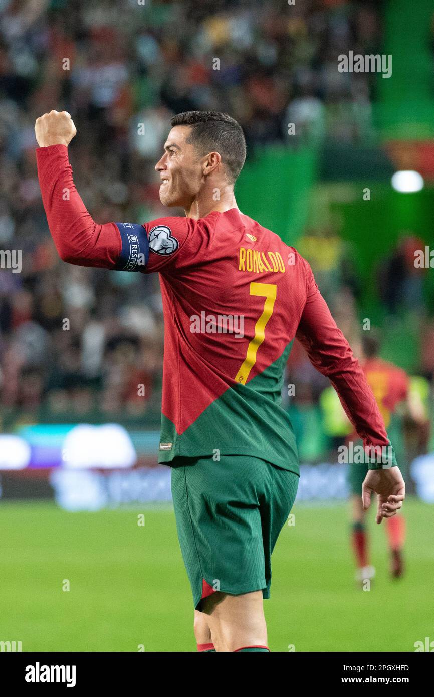 March 23, 2023. Lisbon, Portugal. Portugal's and Al Nassr forward Cristiano Ronaldo (7) celebrating after scoring a goal during the 1st Round of Group J for the Euro 2024 Qualifying Round, Portugal vs Liechtenstein Credit: Alexandre de Sousa/Alamy Live News Stock Photo