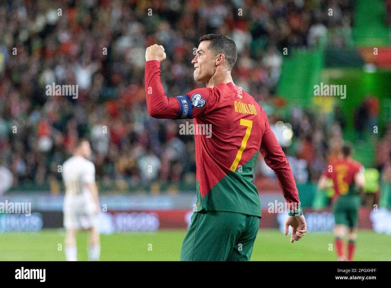 March 23, 2023. Lisbon, Portugal. Portugal's and Al Nassr forward Cristiano Ronaldo (7) celebrating after scoring a goal during the 1st Round of Group J for the Euro 2024 Qualifying Round, Portugal vs Liechtenstein Credit: Alexandre de Sousa/Alamy Live News Stock Photo