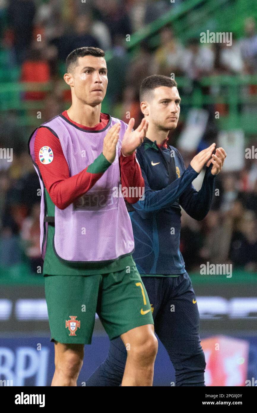 Lisbon, Portugal. 23rd Mar, 2023. Cristiano Ronaldo of Portugal celebrates  after scoring a goal during the UEFA Euro 2024 qualifying round group J  match between Portugal and Liechtenstein at Estadio Jose Alvalade.