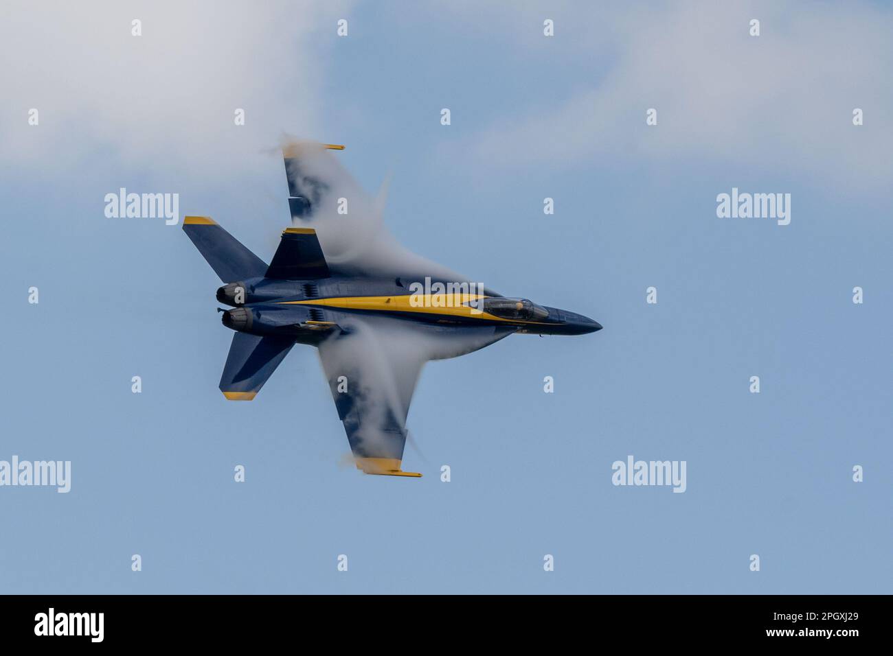 U.S. Navy Flight Demonstration Team, the Blue Angels, perform an aerial maneuver during a practice demonstration prior to the 2023 Defenders of Liberty Air Show, at Barksdale Air Force Base, La., March 23, 2023. The air show is scheduled to showcase performances from the F-22 Raptor Demo Team, the U.S. Navy Flight Demonstration Team, the Blue Angels and a host of aerial performers. (U.S. Air Force photo by Airman 1st Class Nicole Ledbetter) Stock Photo