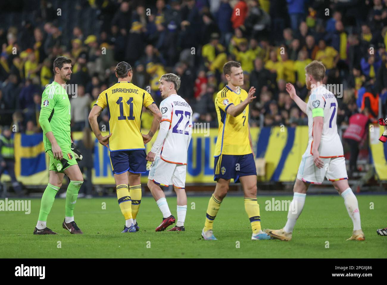 Solna, Sweden. 24th Mar, 2023. Belgium's goalkeeper Thibaut Courtois, Sweden's Zlatan Ibrahimovic, Belgium's Alexis Saelemaekers, Sweden's Viktor Claesson and Belgium's captain Kevin De Bruyne pictured after a soccer game between the Swedish national team and Belgium's Red Devils, at the Friends Arena, in Solna, Sweden, Friday 24 March 2023, the first (out of 8) Euro 2024 qualification match. BELGA PHOTO VIRGINIE LEFOUR Credit: Belga News Agency/Alamy Live News Stock Photo