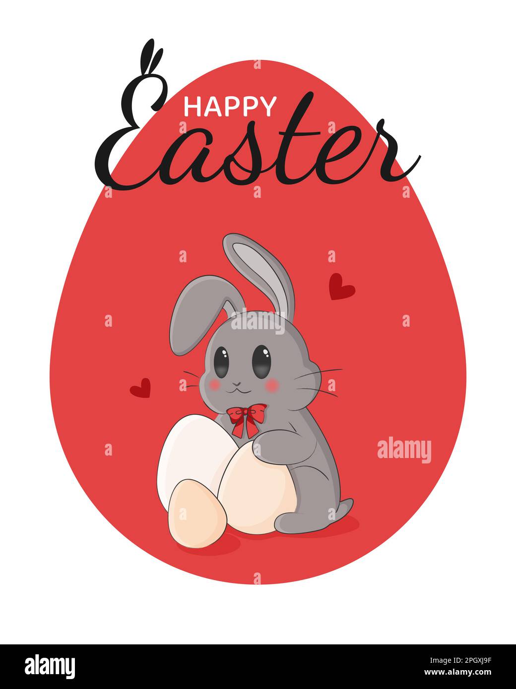 Happy Easter card with gray bunny and eggs.  Stock Vector