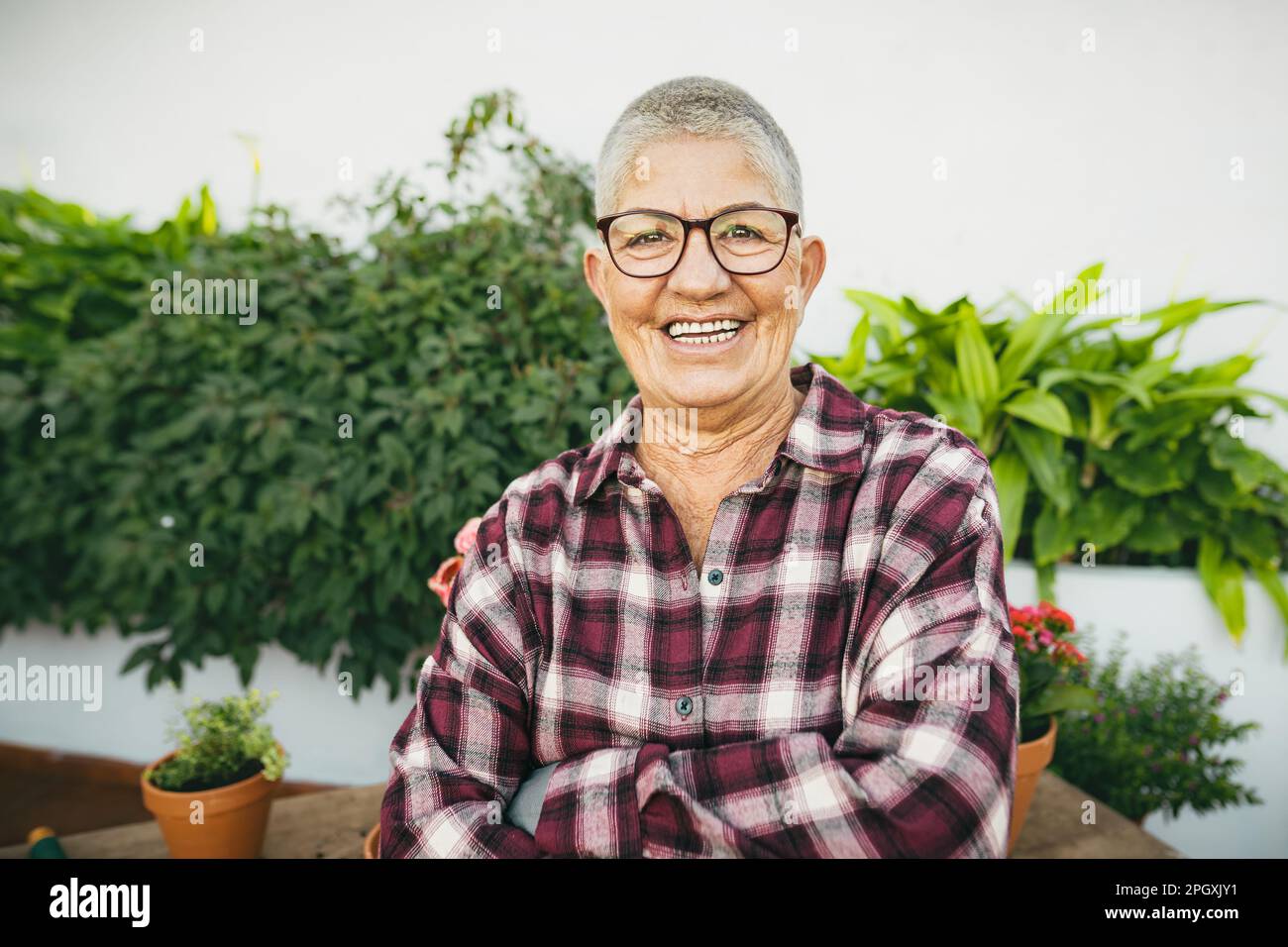 Happy senior woman gardening at home - Elderly people lifestyle concept Stock Photo