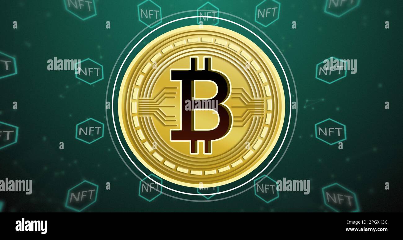 Image of bitcoin symbol over nft text on green background Stock Photo -  Alamy