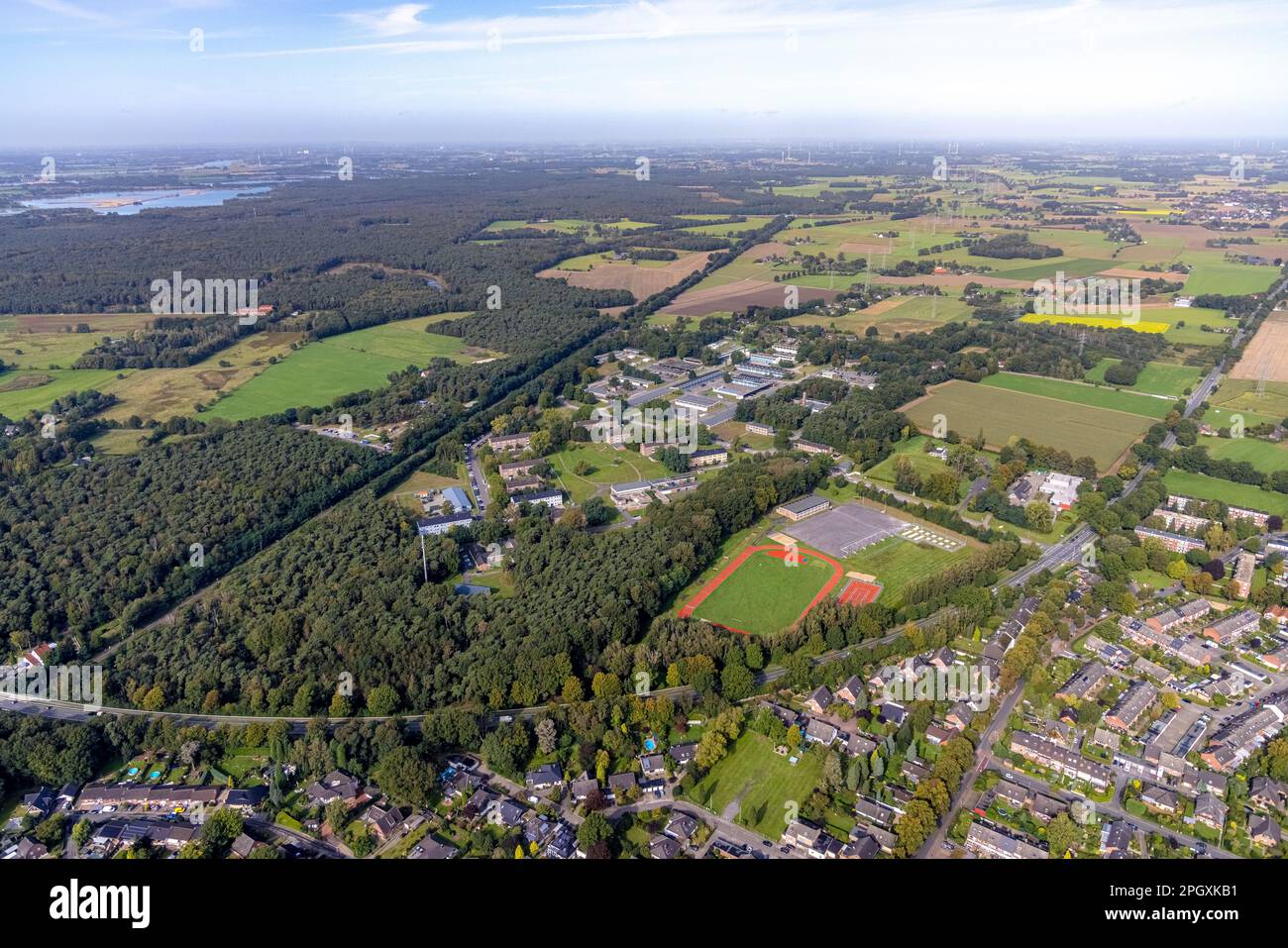 Aerial view, Schill barracks with sports field in the district Blumenkamp in Wesel, Lower Rhine, North Rhine-Westphalia, Germany, DE, Europe, soccer f Stock Photo
