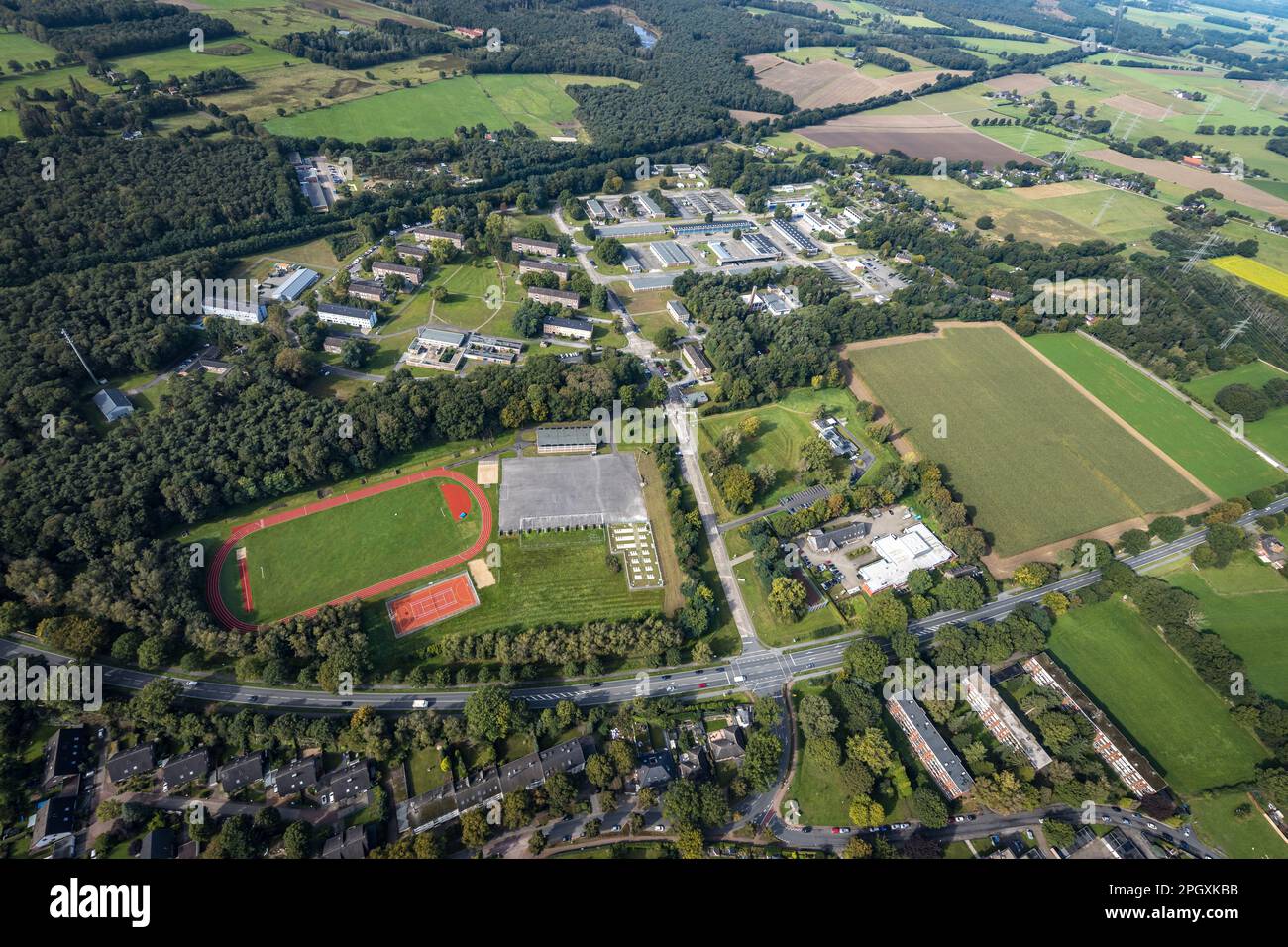 Aerial view, Schill barracks with sports field in the district Blumenkamp in Wesel, Lower Rhine, North Rhine-Westphalia, Germany, DE, Europe, soccer f Stock Photo