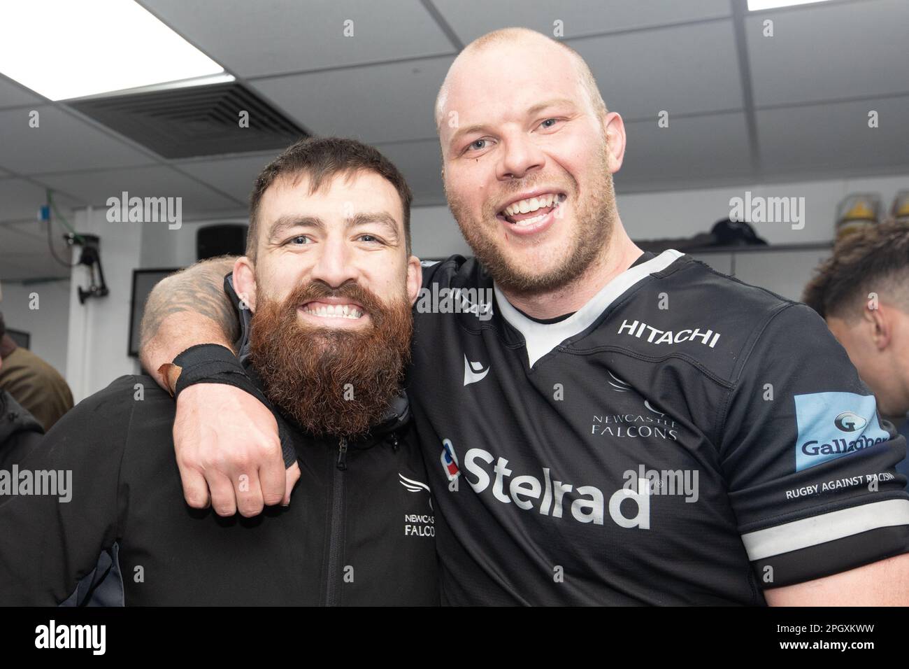 Seb de Chaves of Newcastle Falcons (right) is pictured with Gary Graham after their sides fine win in the Gallagher Premiership match between Newcastle Falcons and Gloucester Rugby at Kingston Park, Newcastle on Friday 24th March 2023. (Photo: Chris Lishman | MI News) Credit: MI News & Sport /Alamy Live News Stock Photo