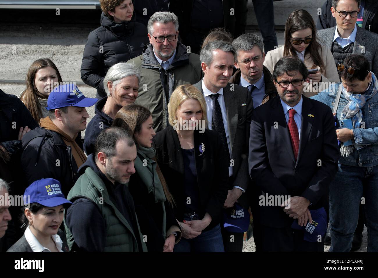 ODESA, UKRAINE - MARCH 24, 2023 - U.S. Ambassador Extraordinary and Plenipotentiary to Ukraine Bridget Brink (C) and Ambassador Extraordinary and Plenipotentiary of the Kingdom of Spain to Ukraine Ricardo Lopez-Aranda Jagu (R) are seen during the visit to the Negmar Cicek vessel that will deliver 30,000 tons of wheat to Yemen, Odesa, southern Ukraine. Stock Photo