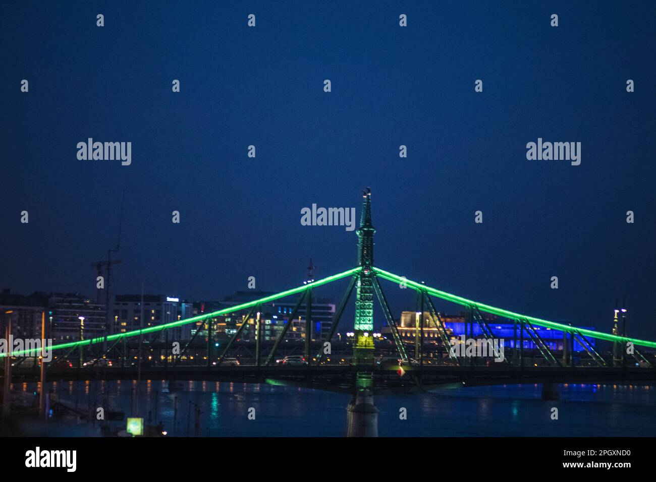 Liberty Bridge at night, Budapest, Hungary Stock Photo