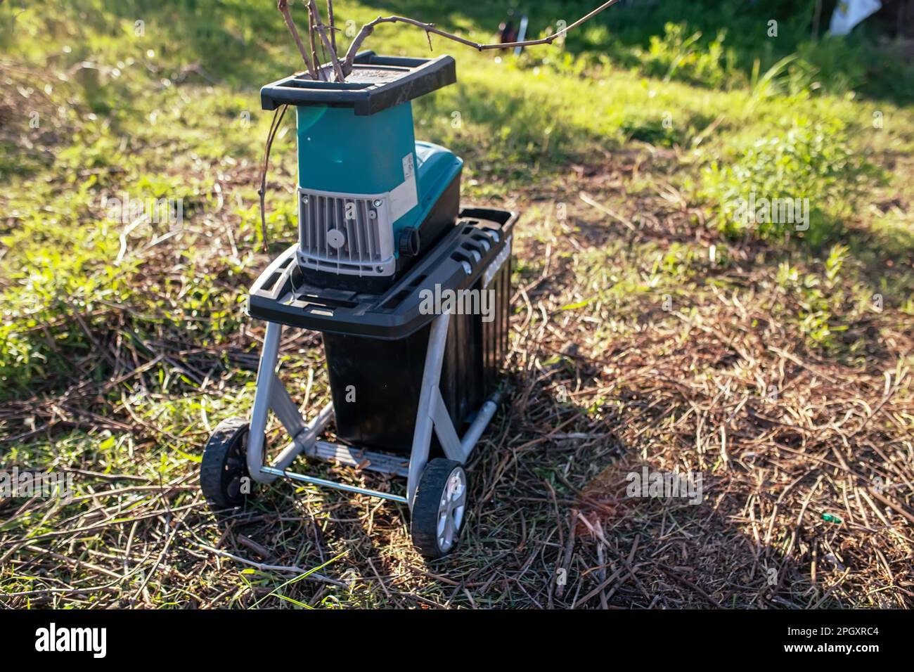 electric garden grinder to shred with a extended filled tank for crushed branches, ready for use in solid fuel boilers, or as mulch for garden work Stock Photo