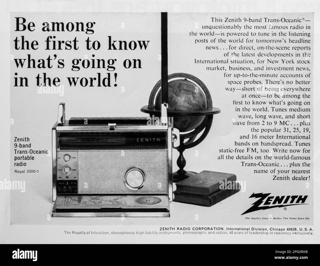 Zenith portable radio advert in a Natgeo magazine, 1966 Stock Photo