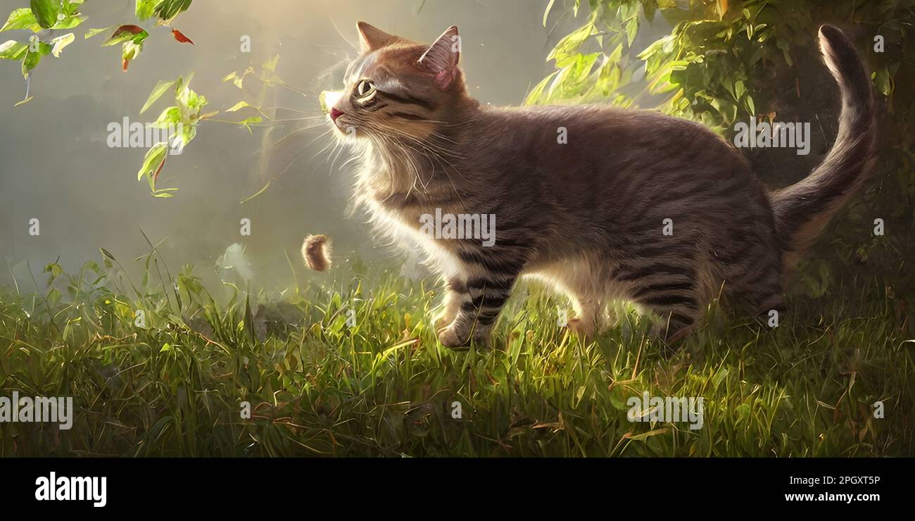 Magical Cat in Fantasy Meadow' - An Enchanting Illustration Stock Photo