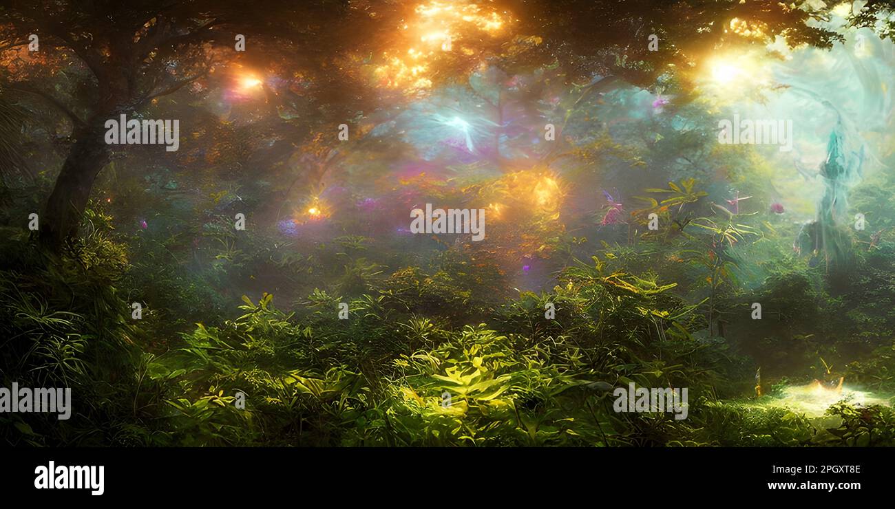 Enchanting Mystical Forest with Glowing Lights - Stock Illustration Stock Photo