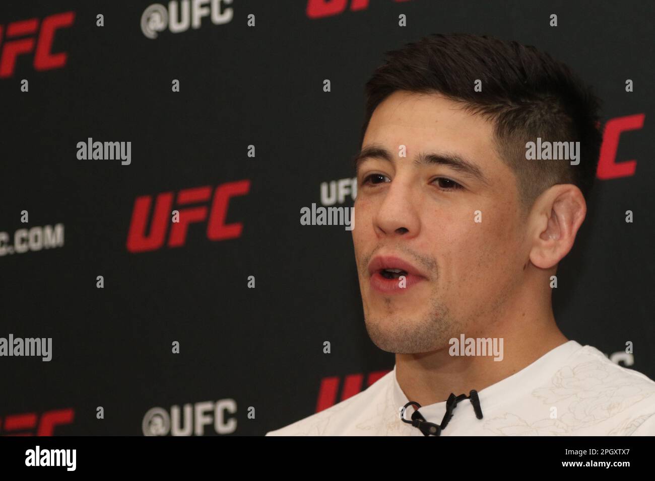 March 23, 2023, Mexico City, Mexico: The  Mexican professional mixed martial artist and the UFC flyweight champion, Brandon Moreno 'The Assassin Baby',  attends a news conference to announce a fight in Mexico at Hyatt Regency Hotel. on March 23, 2023 in Mexico City, Mexico. (Photo by Ismael Rosas/ Eyepix Group) Stock Photo