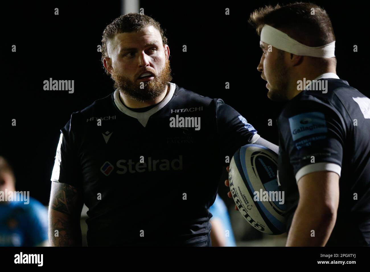 Adam Brocklebank of Newcastle Falcons chats with replacement hooker, 19 year old Ollie Fletcher during the Gallagher Premiership match between Newcastle Falcons and Gloucester Rugby at Kingston Park, Newcastle on Friday 24th March 2023. (Photo: Chris Lishman | MI News) Credit: MI News & Sport /Alamy Live News Stock Photo