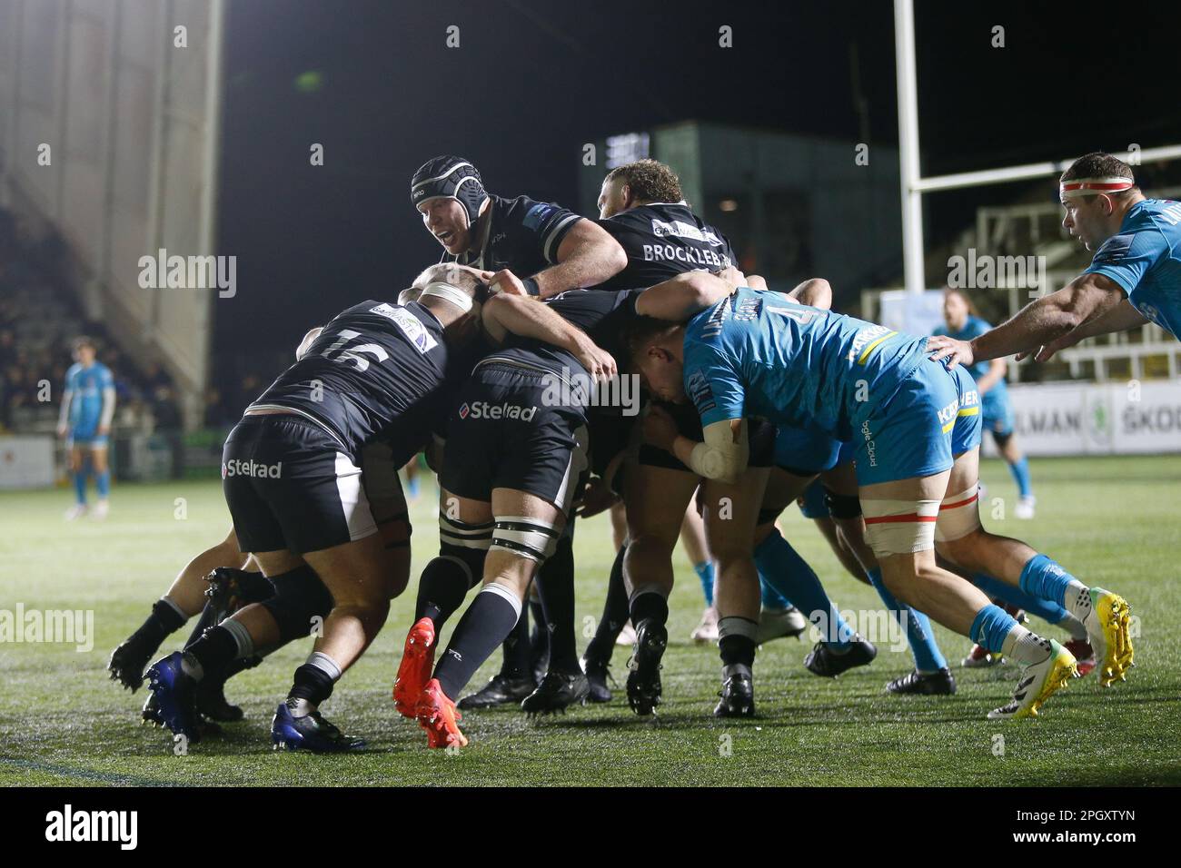Seb de Chaves of Newcastle Falcons helps to drive an attacking Paul forward during the Gallagher Premiership match between Newcastle Falcons and Gloucester Rugby at Kingston Park, Newcastle on Friday 24th March 2023. (Photo: Chris Lishman | MI News) Credit: MI News & Sport /Alamy Live News Stock Photo