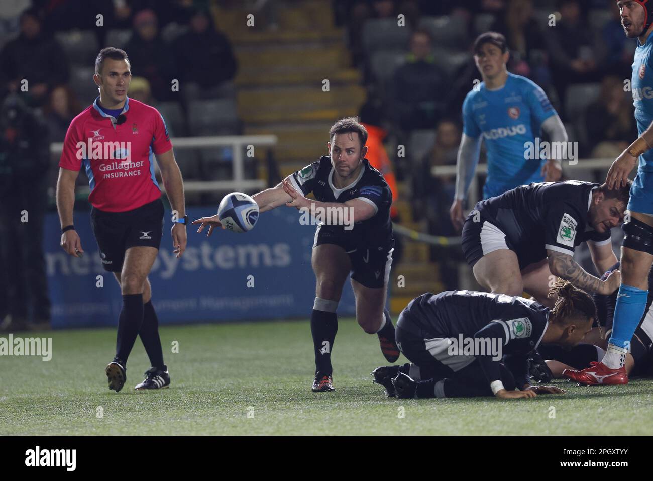 Michael Young of Newcastle Falcons passes from the base during the Gallagher Premiership match between Newcastle Falcons and Gloucester Rugby at Kingston Park, Newcastle on Friday 24th March 2023. (Photo: Chris Lishman | MI News) Credit: MI News & Sport /Alamy Live News Stock Photo