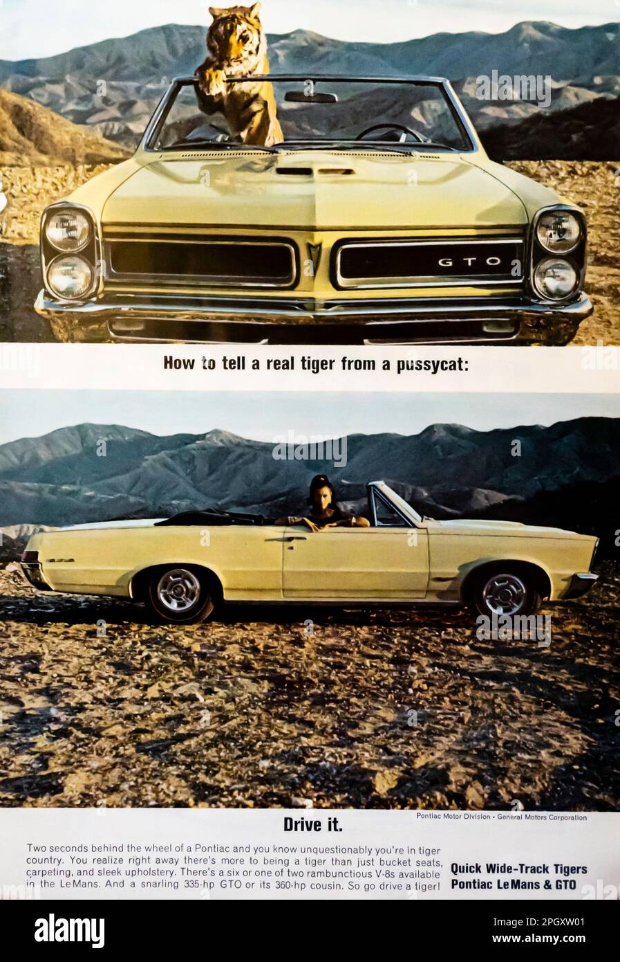 Pontiac GTO, Pontiac Lemans advert in a Natgeo magazine, May 1965 Stock Photo