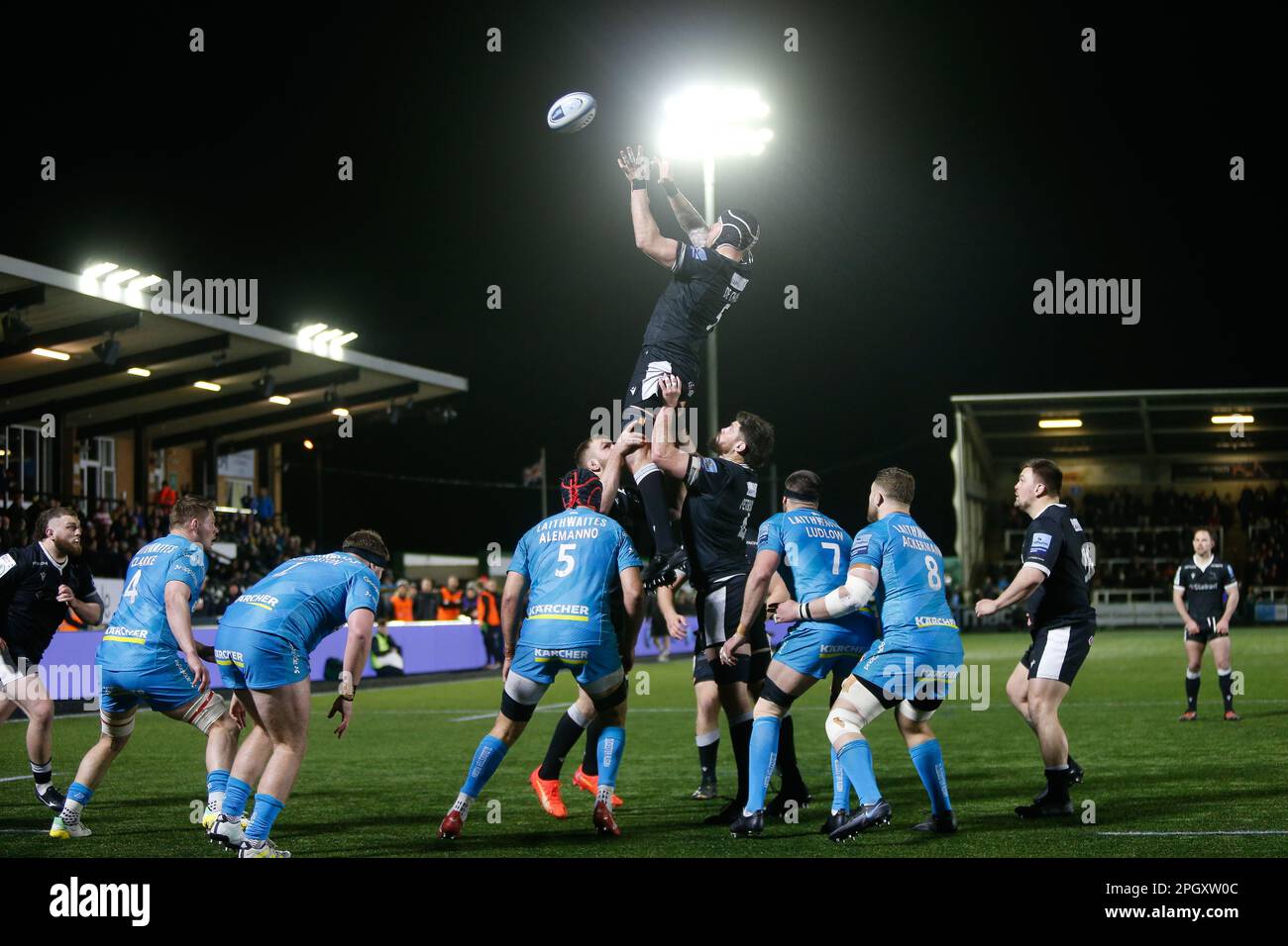 Seb de Chaves of Newcastle Falcons wins an attacking line out during the Gallagher Premiership match between Newcastle Falcons and Gloucester Rugby at Kingston Park, Newcastle on Friday 24th March 2023. (Photo: Chris Lishman | MI News) Credit: MI News & Sport /Alamy Live News Stock Photo