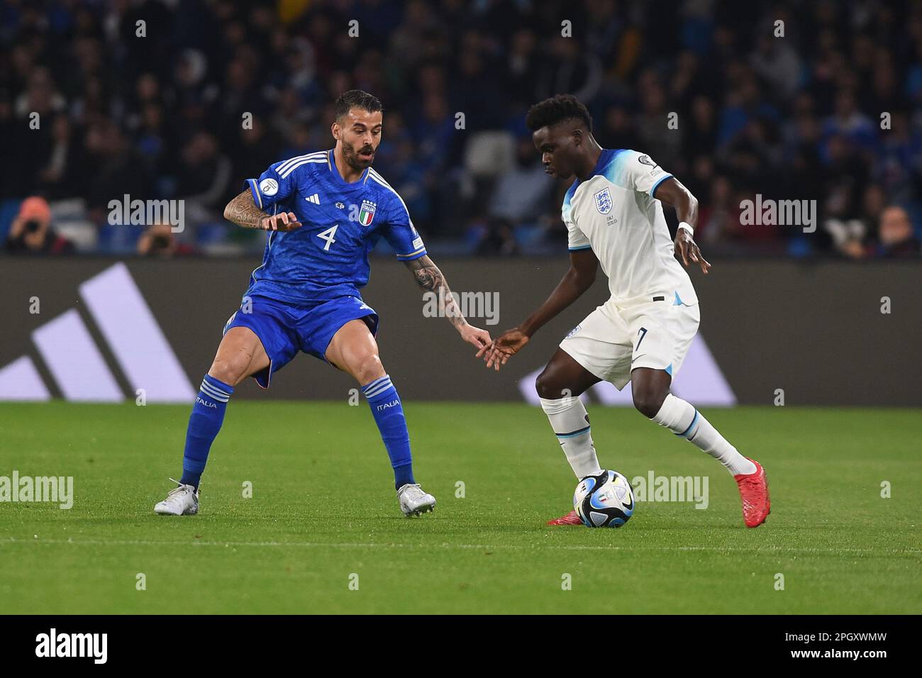 Naples, Italy. 23 Mar, 2023. Leonardo Spinazzola of Italy competes for