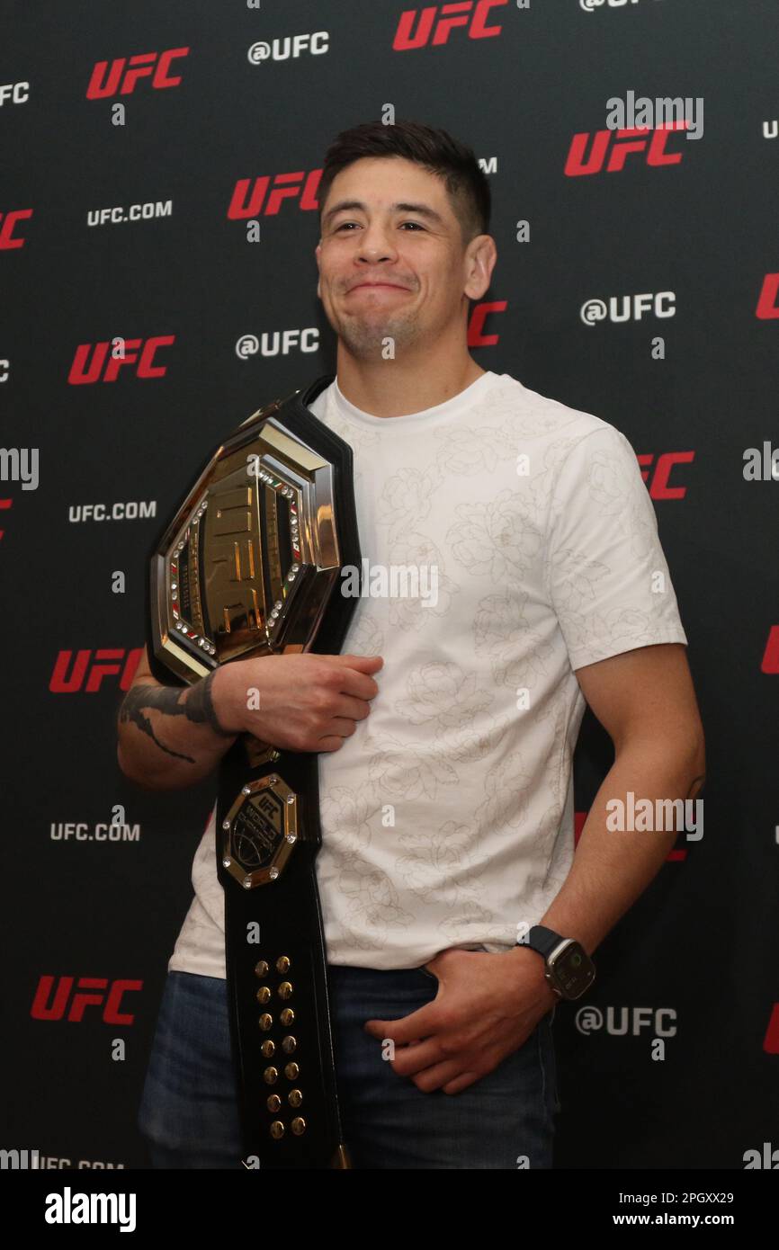 Mexico City, Mexico. 23rd Mar, 2023. The Mexican professional mixed martial artist and the UFC flyweight champion, Brandon Moreno ''The Assassin Baby'', attends a news conference to announce a fight in Mexico at Hyatt Regency Hotel. on March 23, 2023 in Mexico City, Mexico. (Credit Image: © Ismael Rosas/eyepix via ZUMA Press Wire) EDITORIAL USAGE ONLY! Not for Commercial USAGE! Credit: ZUMA Press, Inc./Alamy Live News Stock Photo