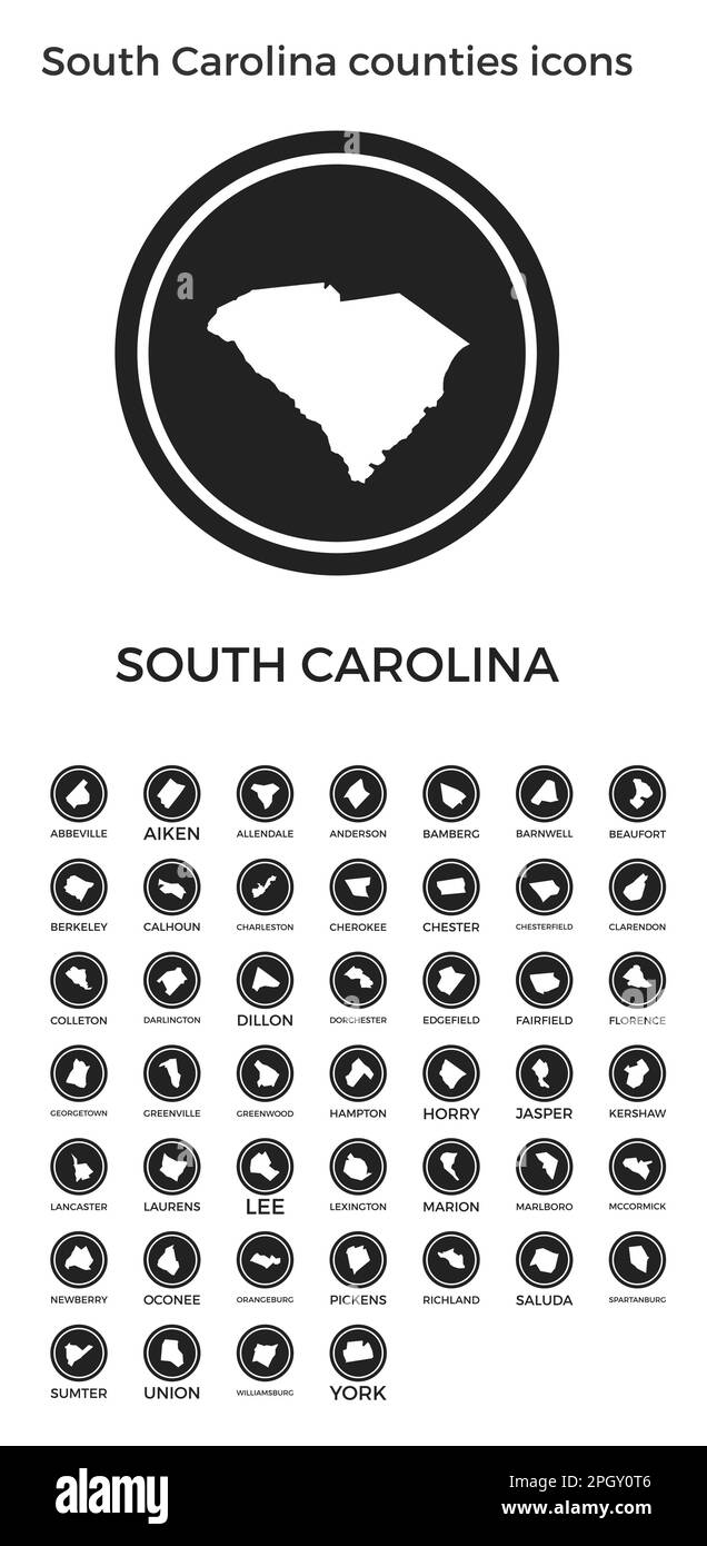 South Carolina counties icons. Black round logos with US state counties maps and titles. Vector illustration. Stock Vector