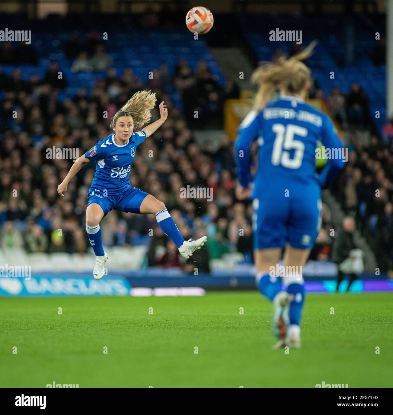 Liverpool, Merseyside, England. 24th March 2023. Everton player clears the ball, during Everton Football Club V Liverpool Football Club at Goodison Park, in the Barclays Women’s Super League (Credit Image: ©Cody Froggatt/ Alamy Live News) Stock Photo