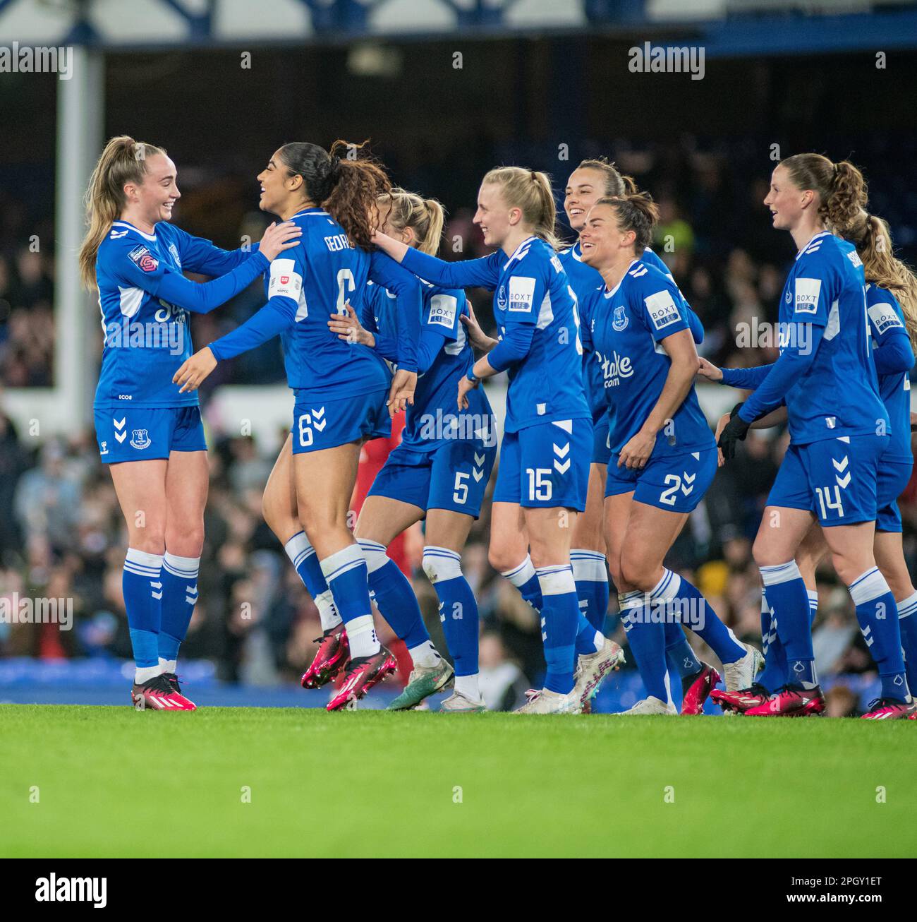 Liverpool, Merseyside, England. 24th March 2023. The Everton team celebrates Gabrielle Geogre's goal, during Everton Football Club V Liverpool Football Club at Goodison Park, in the Barclays Women’s Super League (Credit Image: ©Cody Froggatt/ Alamy Live News) Stock Photo