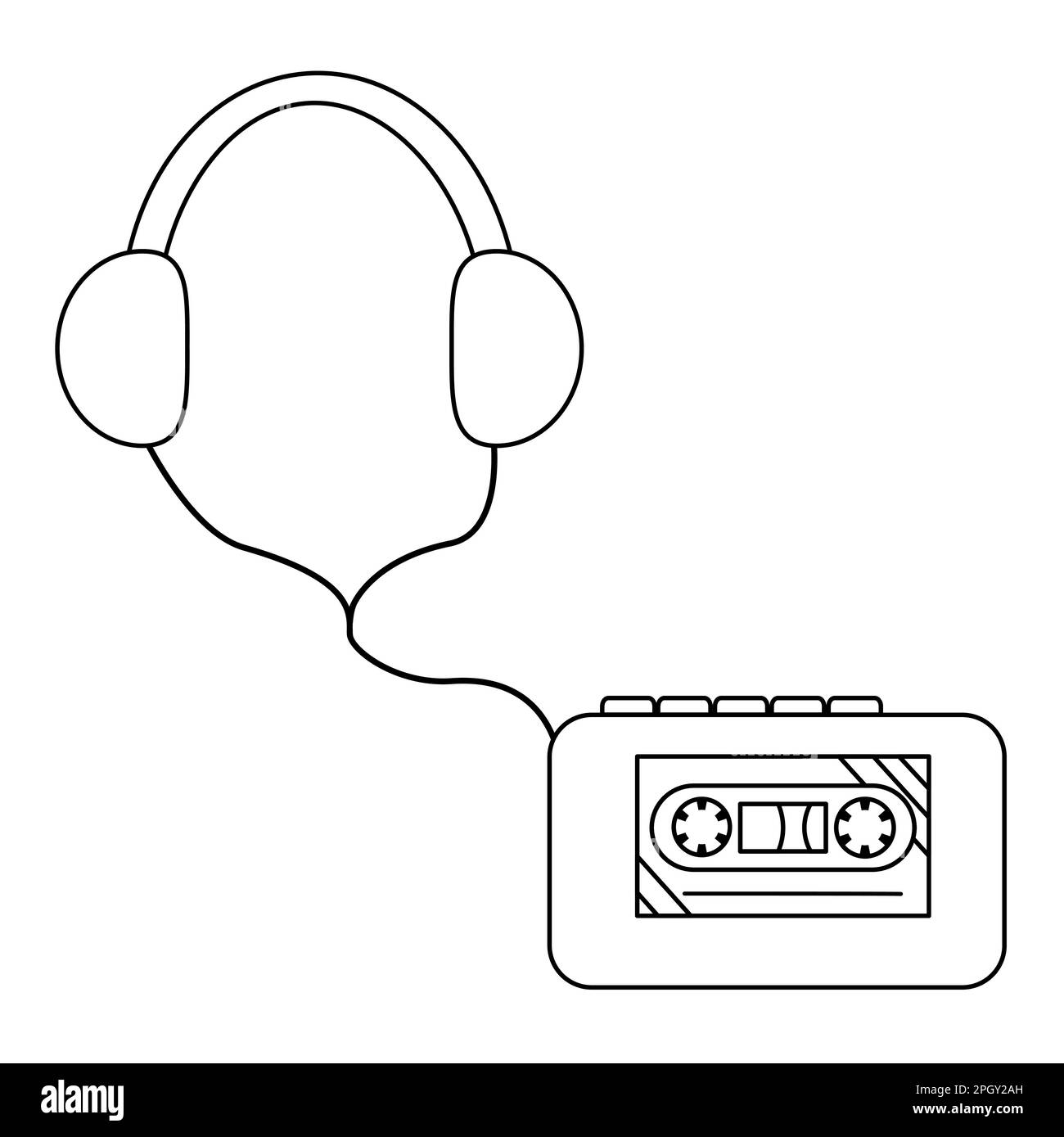 Retro cassette player with headphone, doodle style flat vector outline ...