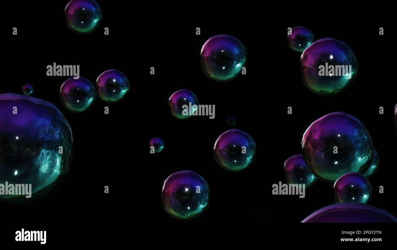 A stylized illustration of modern iridescent shiny bubble spheres over black background. Stock Photo