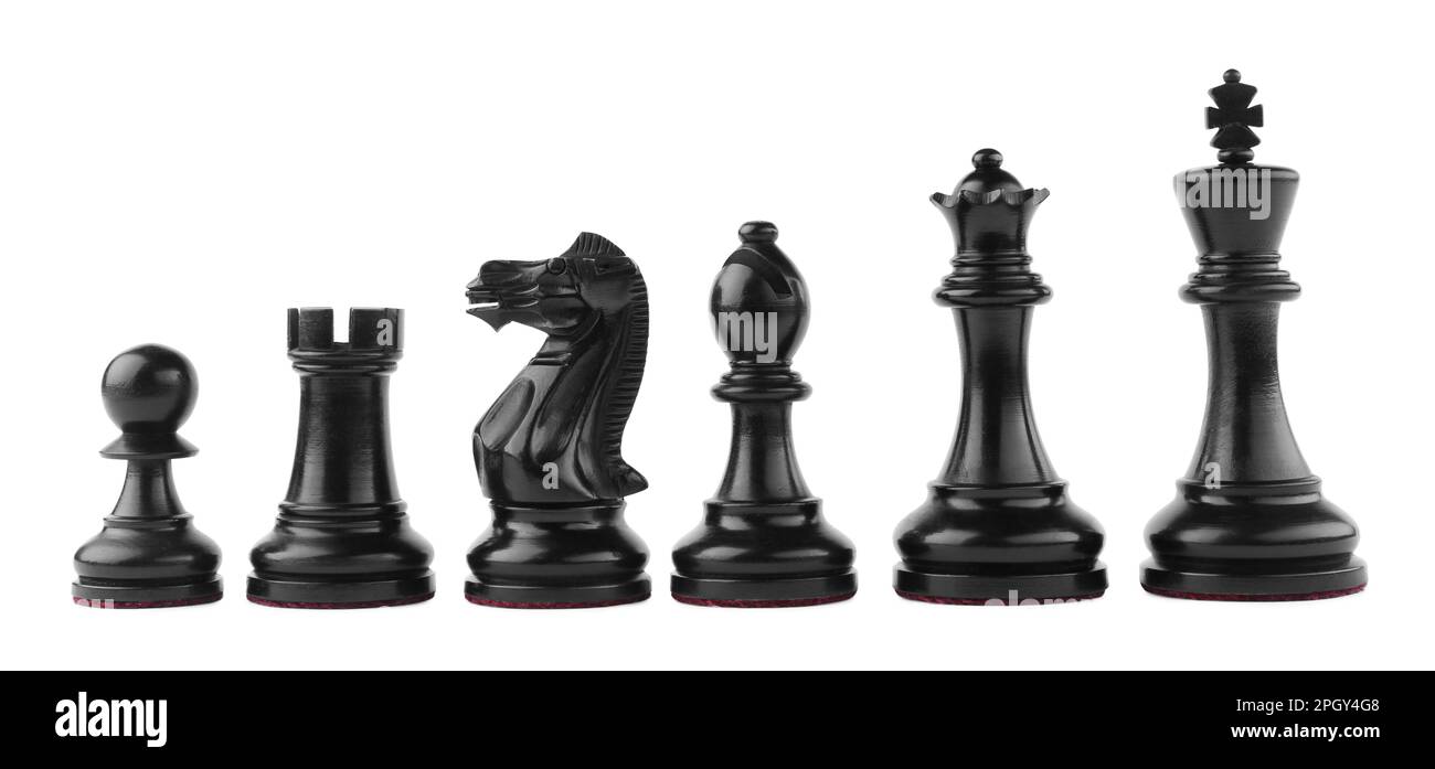 Row of black chess pieces on white background Stock Photo