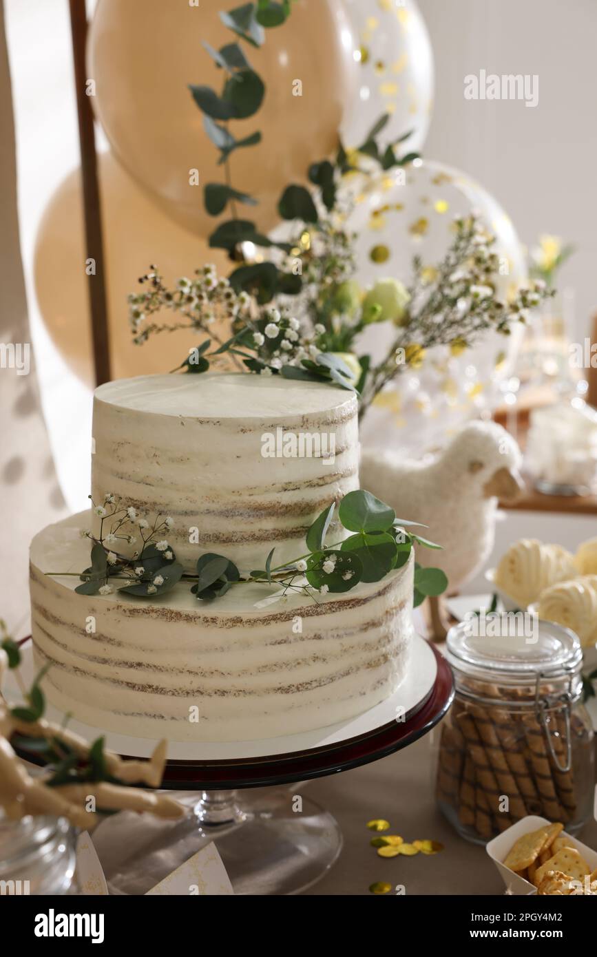 Beautiful cake and other treats on table in room. Baby shower party Stock  Photo - Alamy