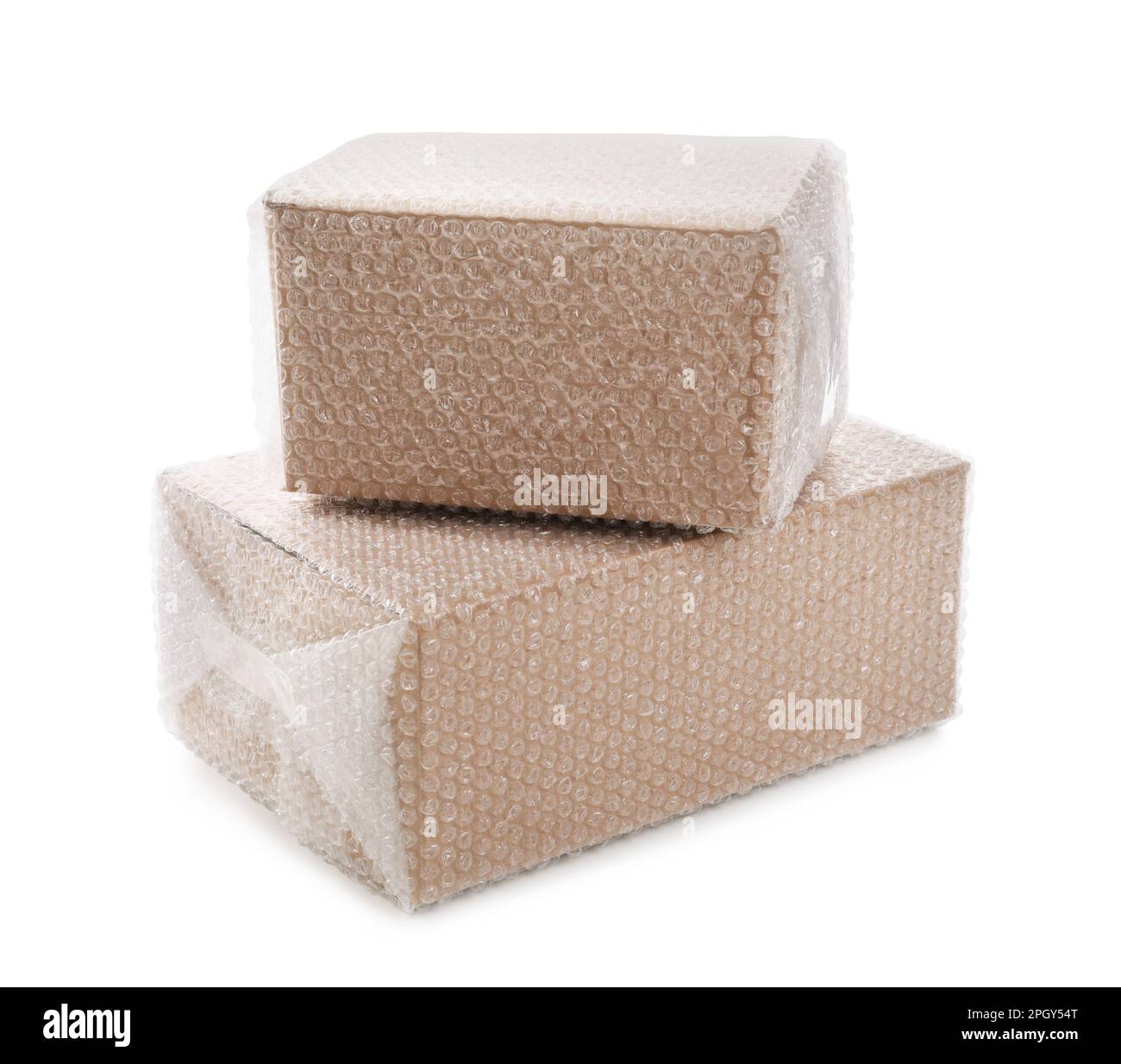 Cardboard boxes packed in bubble wrap on white background Stock Photo