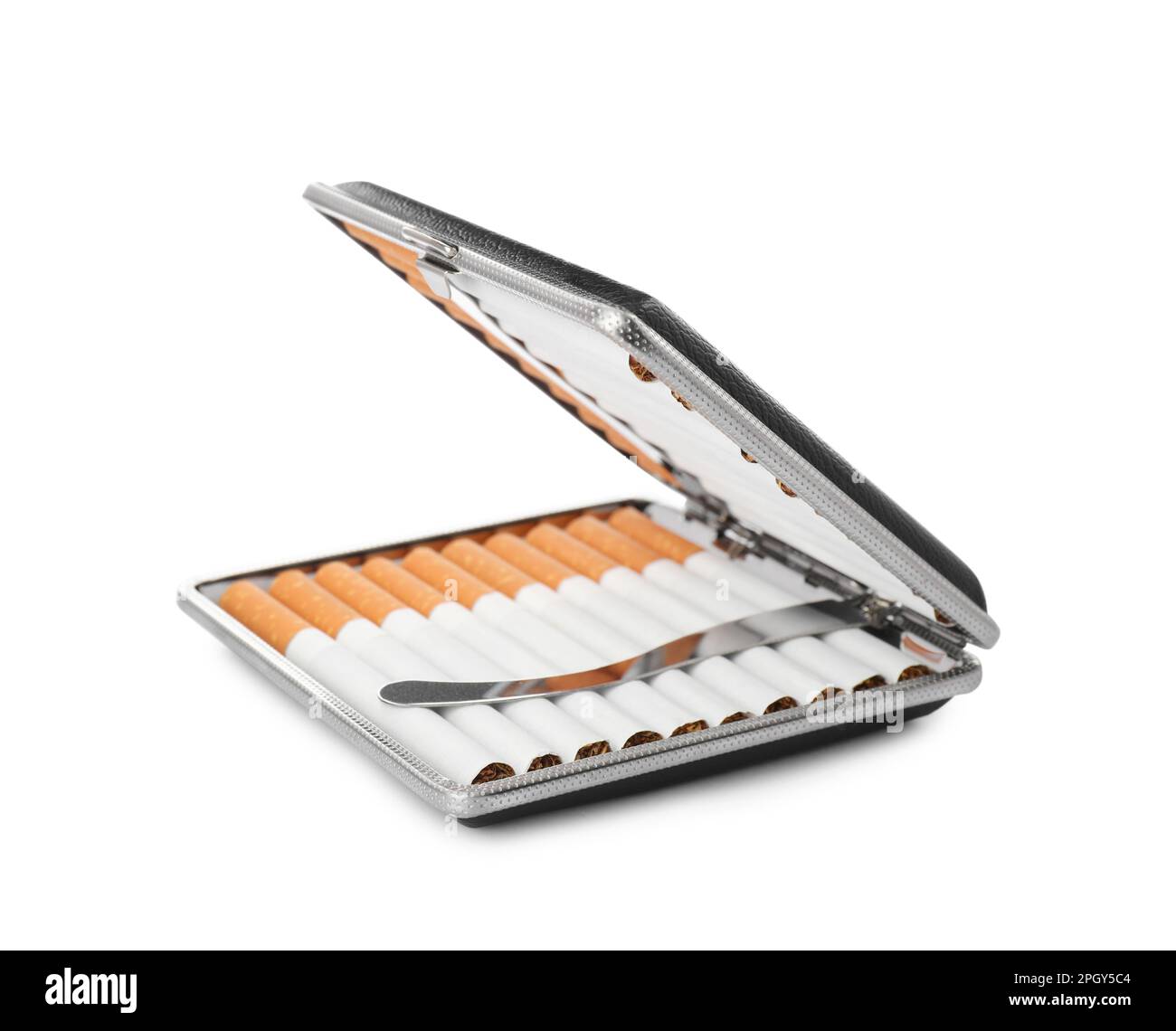 Stylish case with cigarettes isolated on white Stock Photo