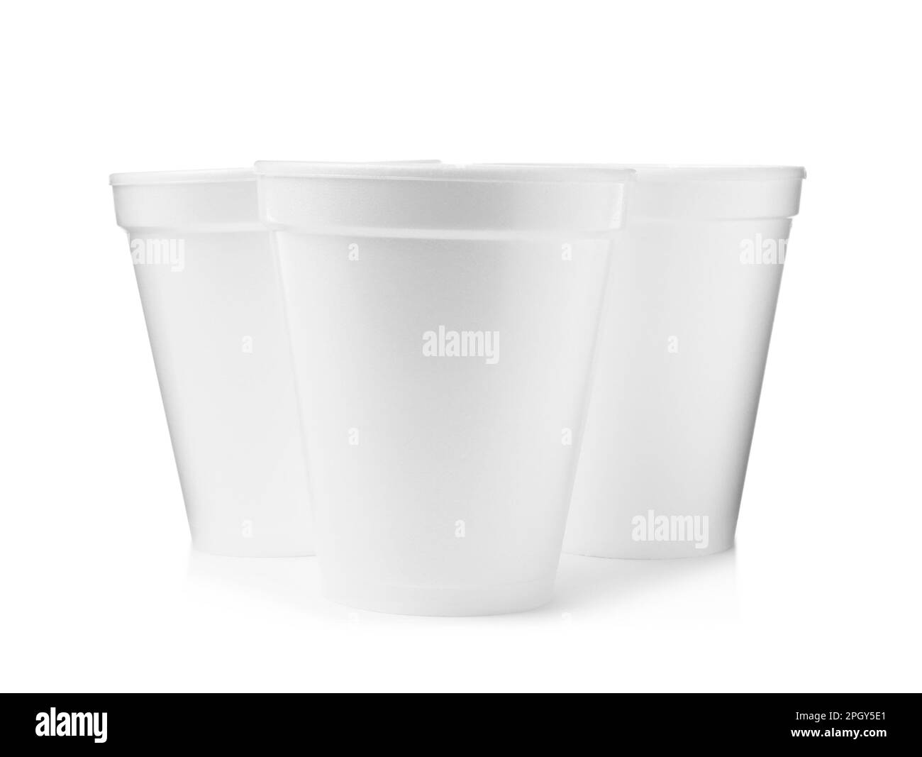 Three clean styrofoam cups on white background Stock Photo Alamy