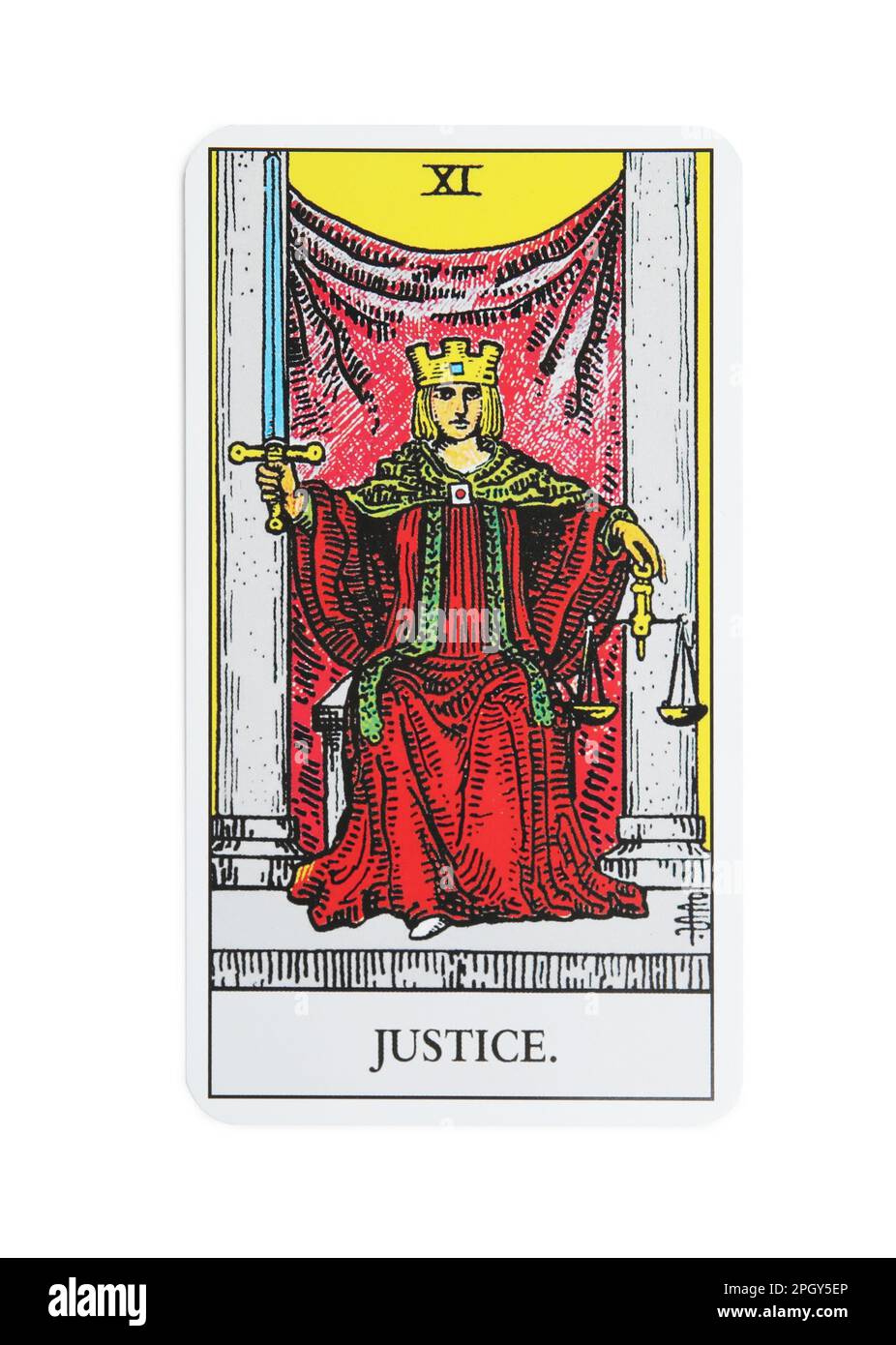 Justice card isolated on white. Tarot reading Stock Photo