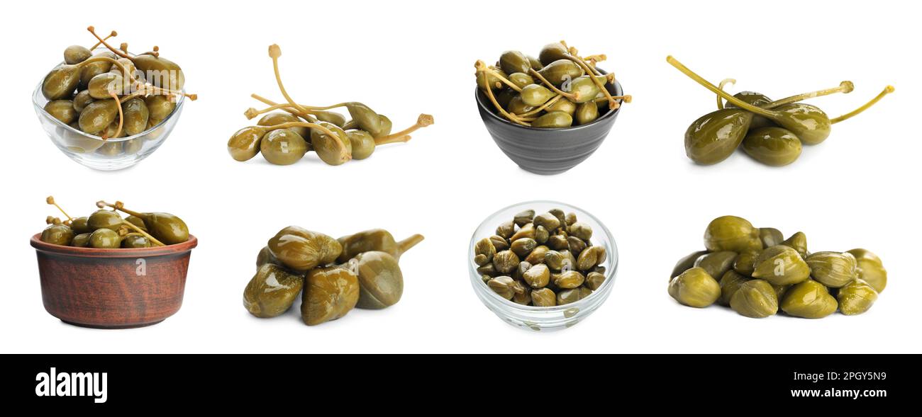Set with pickled capers on white background. Banner design Stock Photo ...