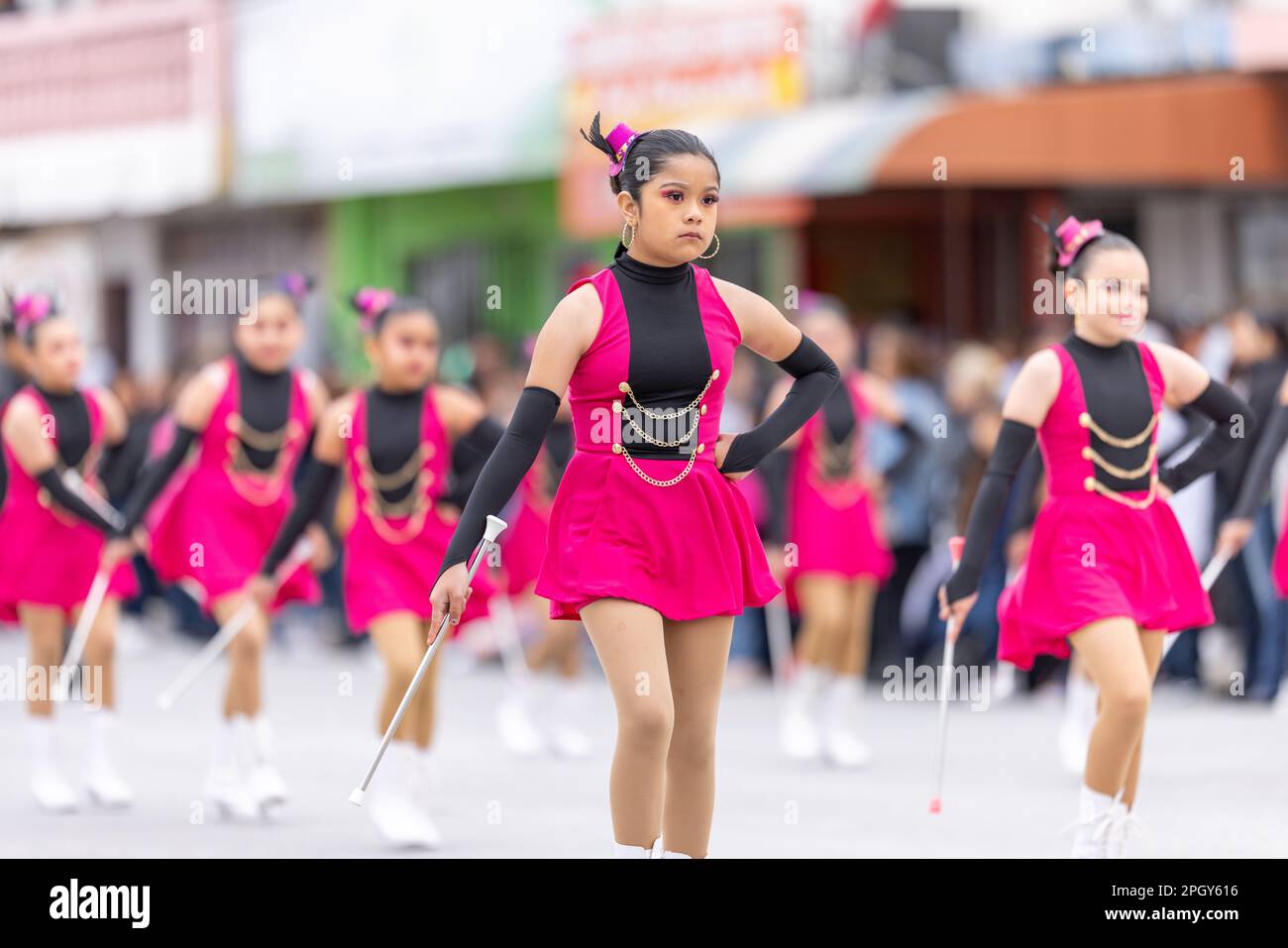 Valle Hermoso, Tamaulipas, Mexico - March 18, 2023: City Anniversary Parade, Cheerleaders from the Profr. Juan B. Tijerina primary school performing a Stock Photo