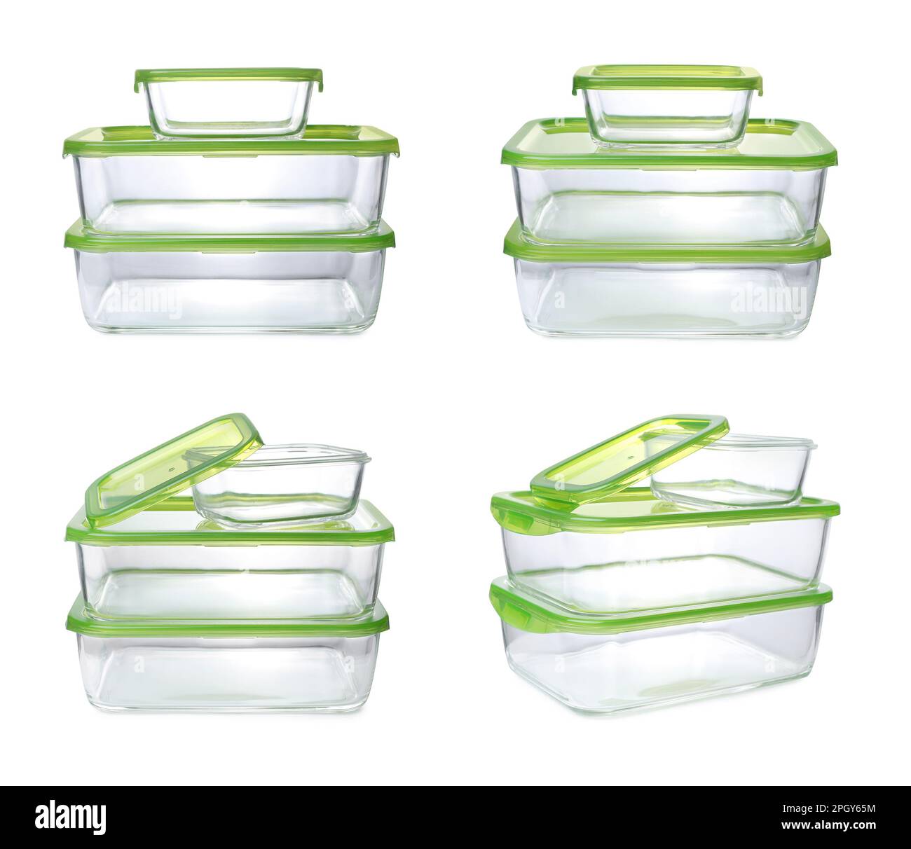 Set with empty glass containers for food on white background Stock