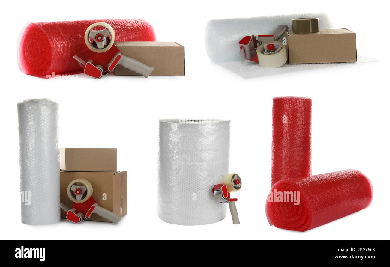 Set with bubble wrap rolls, cardboard boxes and tape dispensers on