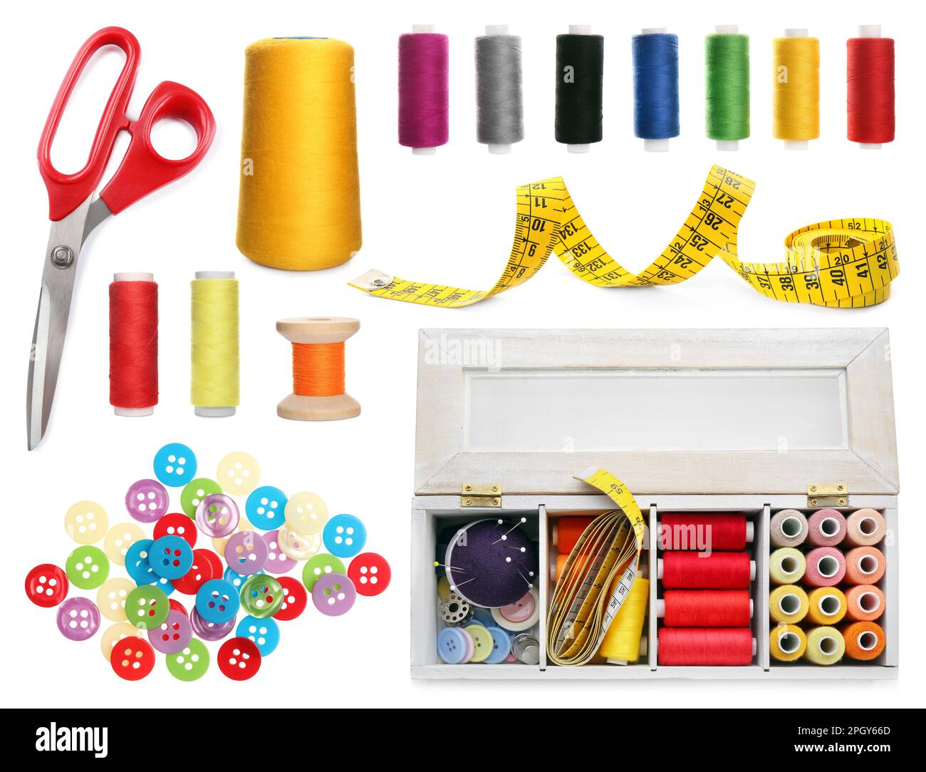 Set with different sewing supplies on white background Stock Photo