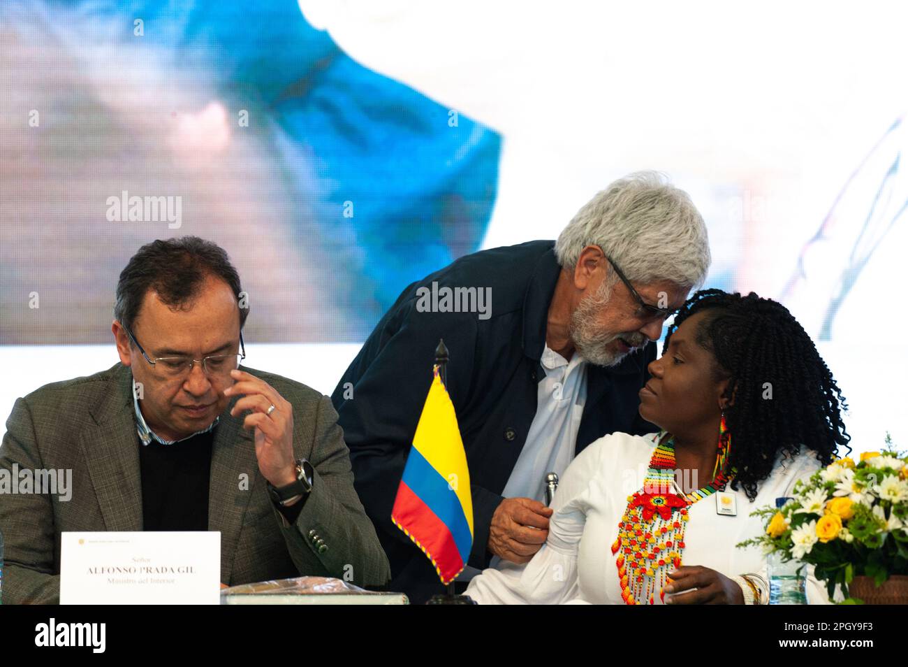 Colombia's minister of the interior Alfonso Prada (L), Minister of Commerce, Industry and Tourism of Colombia Dario German Umana (C) and Colombia's vice-president Francia Marquez (R) during the National People's Communal Assembly in Bogota, Colombia March 24, 2023. Photo by: Chepa Beltran/Long Visual Press Stock Photo