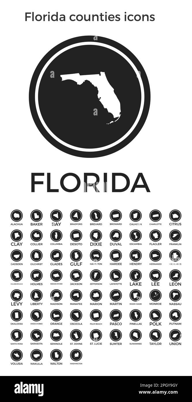 Florida counties icons Black round - Florida Counties Icons Black Round Logos With Us State Counties Maps And Titles Vector Illustration 2PGY9GY 