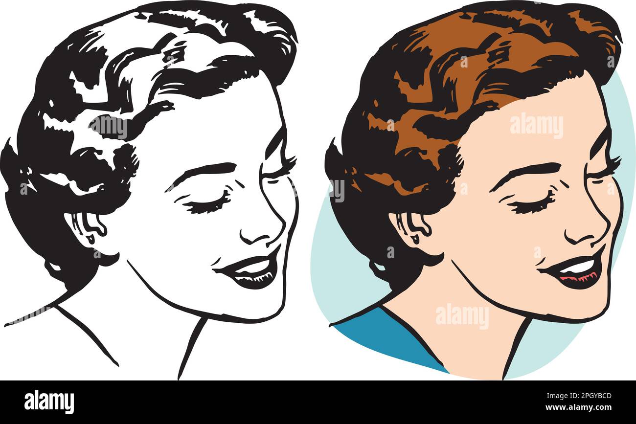 A vintage retro illustration of an attractive woman looking down. Stock Vector