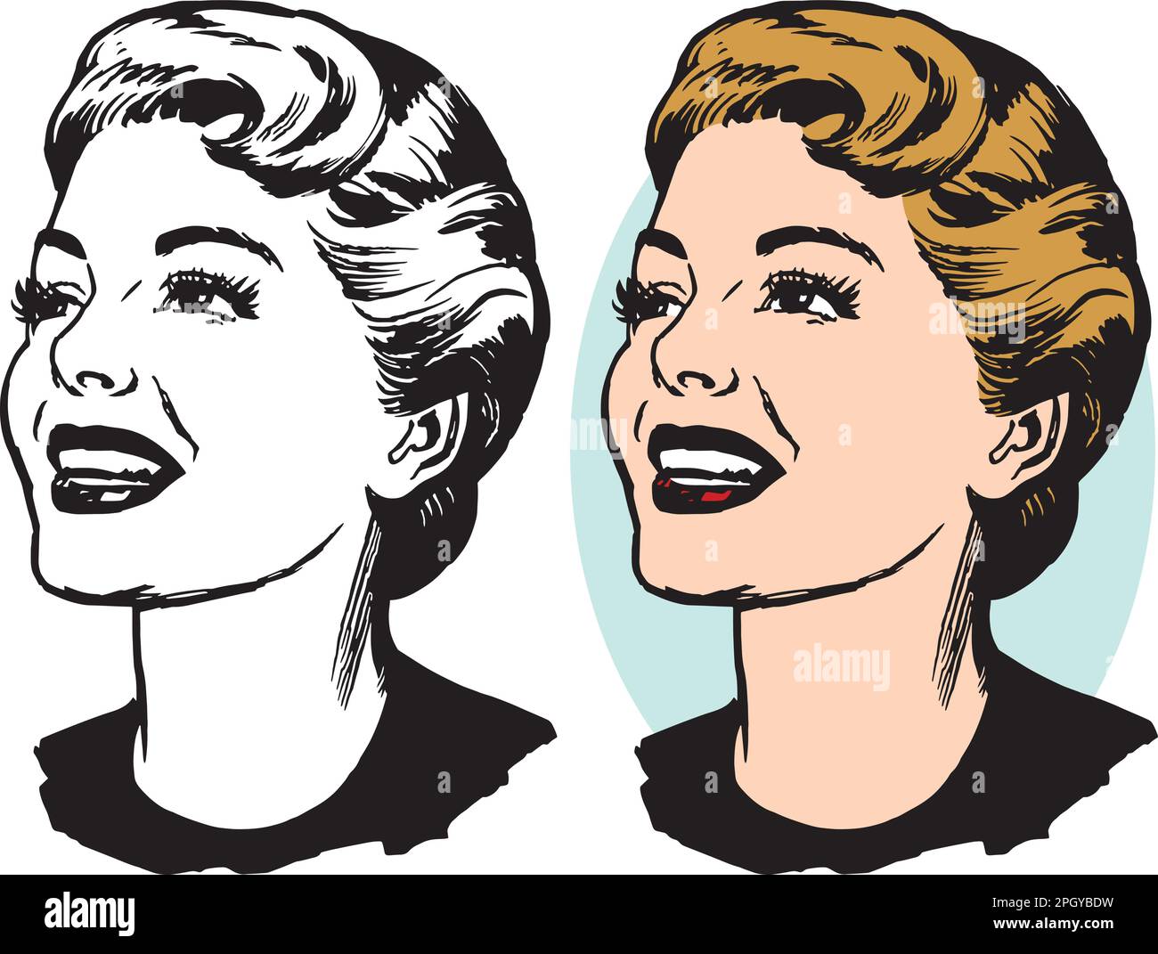A vintage retro illustration of an attractive woman looking up. Stock Vector