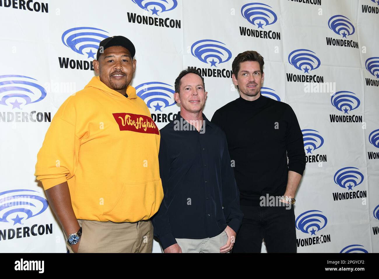 Omar Miller, Matt Nix and Steve Howey arrive at the CBS photocall for True Lies at WonderCon 2023 Day 1 at the Anaheim Convention Center on March 24, Stock Photo