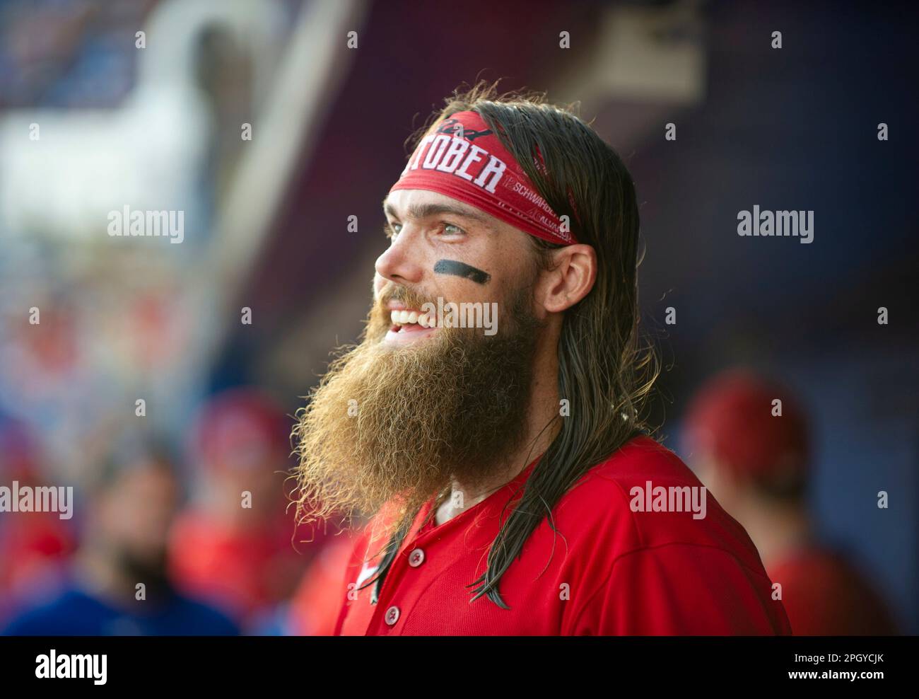 Philadelphia Phillies' Brandon Marsh looks on from the dugout during a