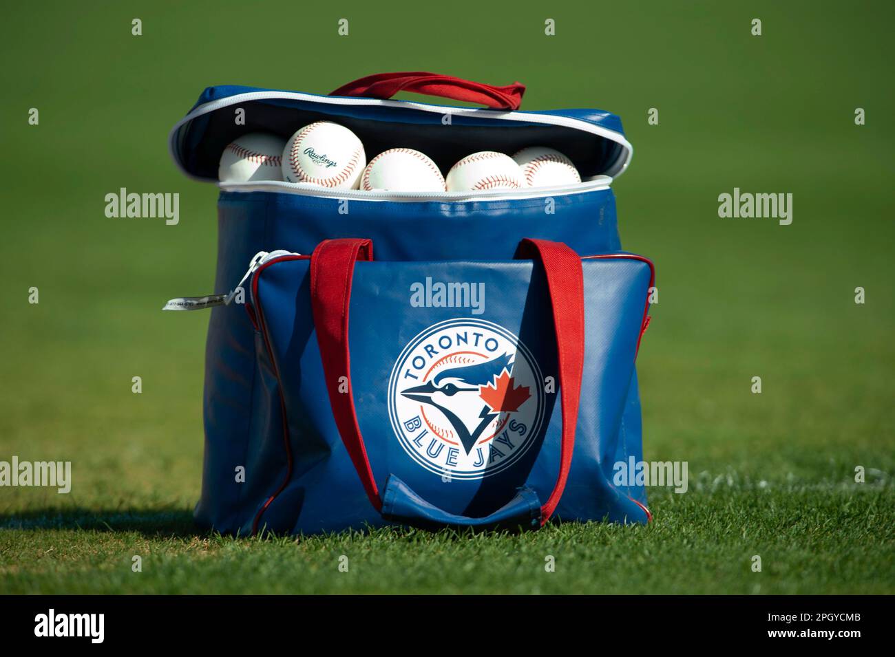 A bag of balls sits on the field before a spring training game between